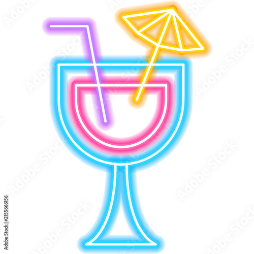 Cocktail Neon Sign. Illustration of Alcohol Drink Icon with Umbrella.