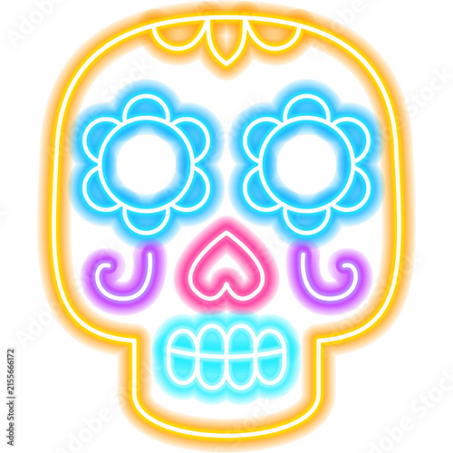 Day of the Dead Skull Neon Sign. Illustration of Mexican Promotion. Dia De Los Muertos Holiday   