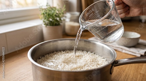 Pouring water from a glass measuring cup into a pot with washed rice on a kitchen counter, concept of food preparation and cooking at home