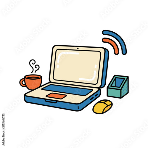 Minimalist Laptop Workspace Illustration with Coffee Cup and Wireless Connection Signal