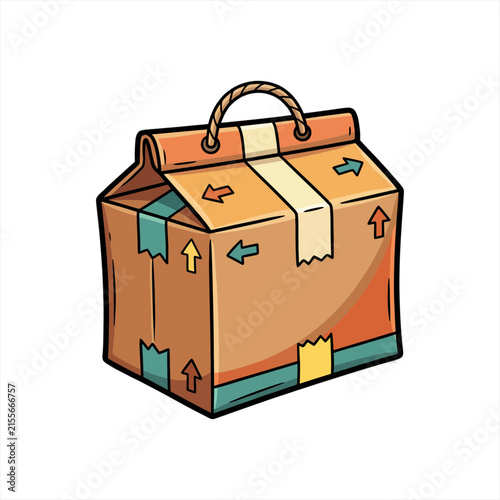 Cardboard Delivery Box with Handle and Tape Sticker Illustration for Shipping