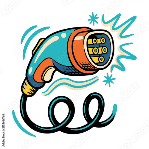 Electric Vehicle Charger Handle Illustration with Energy Spark Effects in Retro Pop Art Style