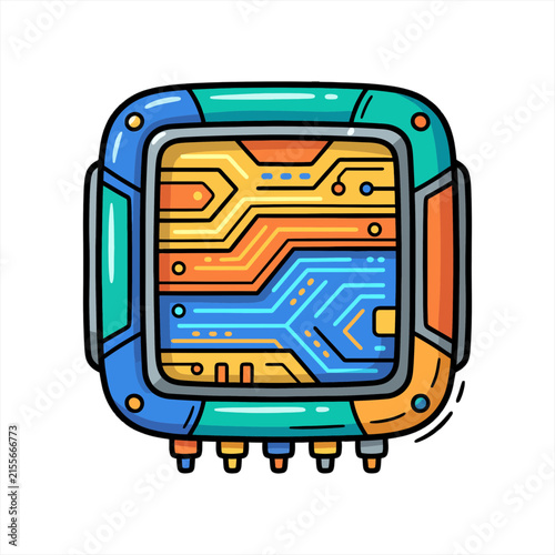 Futuristic Electronic Microchip and Circuit Board Core Component in Cartoon Vector Illustration