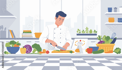 Professional male chef in white uniform slicing fresh red vegetables on a wooden cutting board in a bright kitchen.