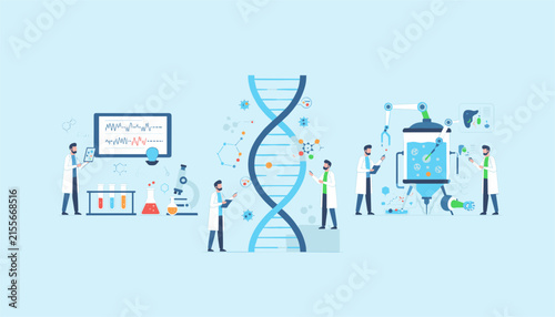 Group of biotech laboratory scientists conducting genetic research and experiments with giant DNA structure model.