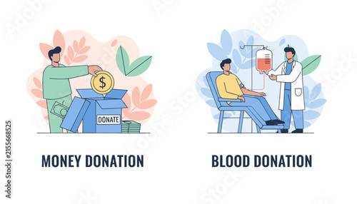 Medical illustration showing money donation box on the left and blood donation process with a volunteer on the right.