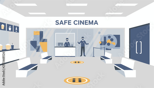 Modern cinema lobby showing strict social distancing measures and safety signs for a safe movie theater experience.