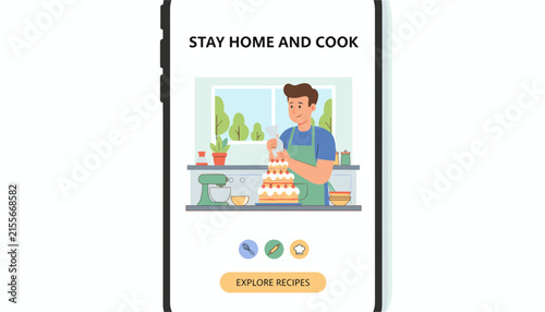 Smartphone screen displaying a modern cooking application with a chef decorating a delicious multi-layered cake.