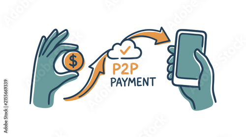 Peer-to-peer payment concept illustration showing a digital transaction between two hands via a smartphone and a coin