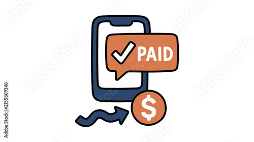 Mobile payment confirmation with dollar coin and arrow indicating transaction completion, concept illustration
