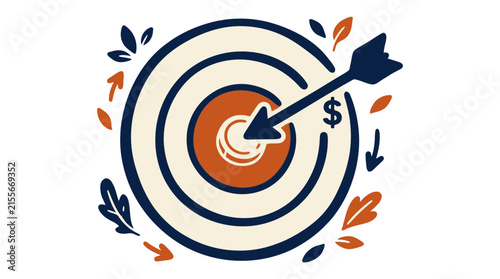 Conceptual business illustration featuring an arrow hitting the center of a target marked with a dollar sign for financial goal success