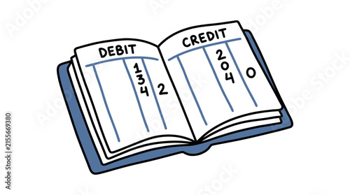 Open ledger book showing debits and credits with numbers, symbolizing financial accounting and bookkeeping