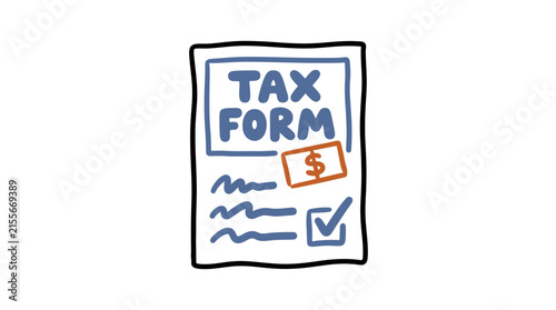 Hand-drawn illustration of a tax form with a checkmark and a dollar sign, representing financial planning and taxes