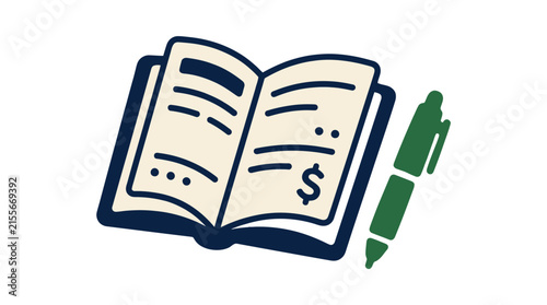 Financial planning ledger book and pen vector icon for business accounting