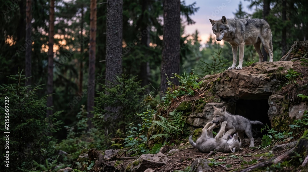 Fototapeta premium Wolf pups playing near den entrance with mother watching from rocky outcrop and copy space for wilderness posters