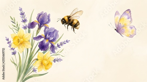 Delicate watercolor bouquet of purple irises and yellow daffodils with bee and butterfly.