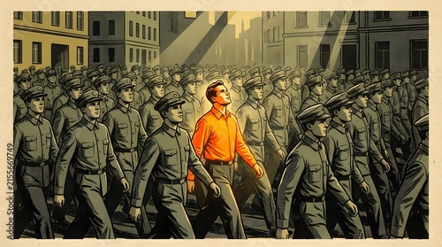 Individual person walking against crowd of soldiers wearing grey uniforms for unique pride.