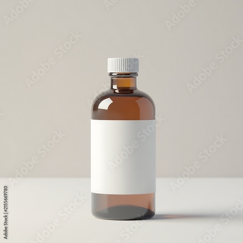 Brown glass bottle with blank white label and cap on a neutral studio background, product photography.