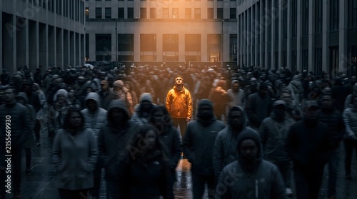 Orange jacket man standing still in crowded city street represents uniqueness and courage.
