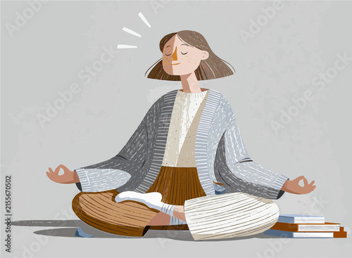 Woman meditating in a room with plants and flowers during the day