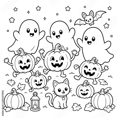cute halloween ghost and pumpkin friends coloring page with cat bat and autumn leaves vector illustration
