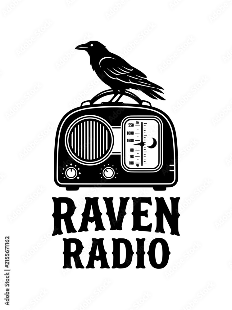 Obraz premium Raven radio broadcast concept illustration featuring old vintage style radio receiver with bird perched on top of device.