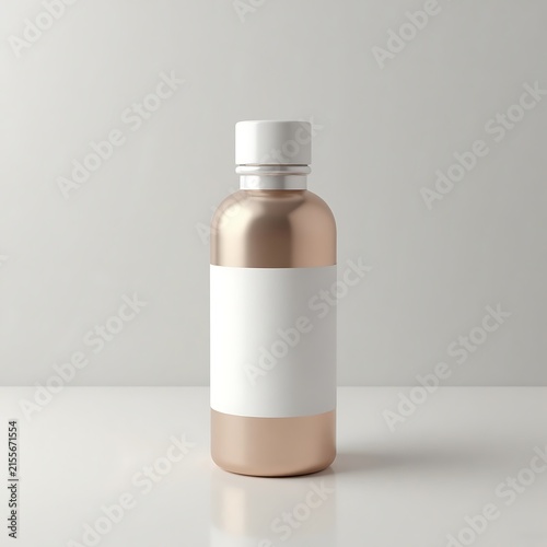 Minimalist rose gold bottle with white label on neutral surface for product design mockup.