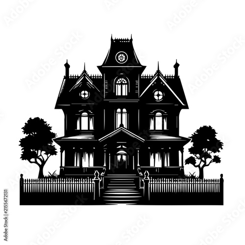 Black and white silhouette illustration of a spooky victorian haunted mansion with trees and a picket fence isolated on white