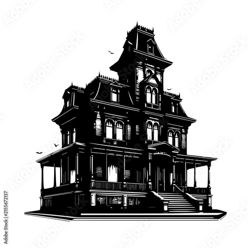 A detailed black and white illustration of a spooky victorian mansion house with a large porch and tall windows