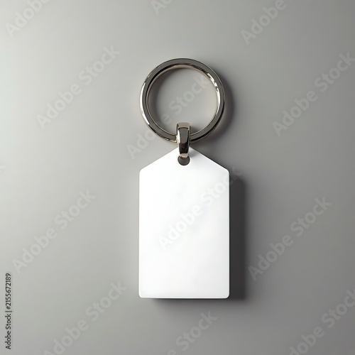 Minimal white tag with metal ring on plain gray background and studio lighting.