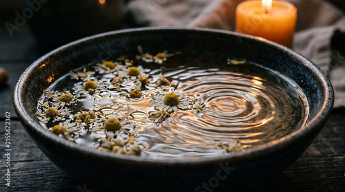 Fresh chamomile flowers floating inside dark water bowl near warm burning scented candle