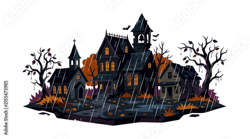 Spooky haunted house village on a rainy Halloween night