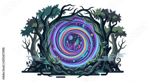 Mystical Forest Portal with Swirling Galaxy and Fantasy City