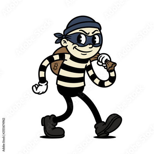 Quadro su tela A cartoon illustration of a classic burglar character wearing a striped shirt and mask, carrying a sack with a dollar sign