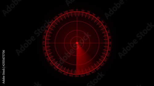 Futuristic red radar screen scanning interface with target detection animation
