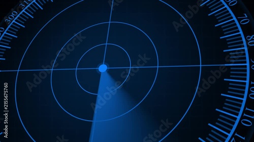 3D perspective blue radar sweep screen display with degree dial markings