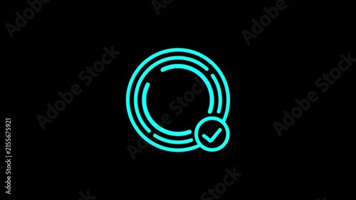 Cyan neon circle search icon transforming into verified checkmark badge animation