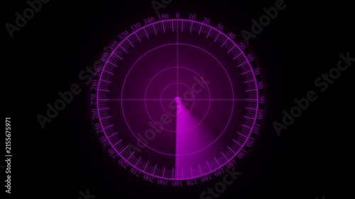 Futuristic purple radar screen scanning display with degree scale and target detection