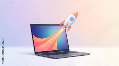 Minimalist, Startup. Rocket coming out of laptop screen, gradient minimalist style AI digital illustration