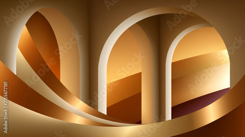 Beautiful and intricate composition showing premium promotional background featuring refined architectural arches, flowing abstract ribbons, champagne metallic accents, smooth gradient transitions,