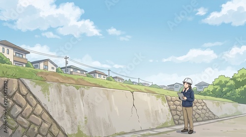 ひび割れた擁壁を点検する住宅地と老朽インフラの安全問題
