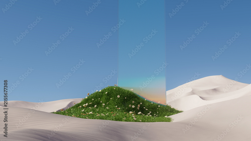 Fototapeta premium Surreal desert landscape with grass oasis, glass portal, iridescent rainbow reflections, and copy space. 3d rendering illustration not AI