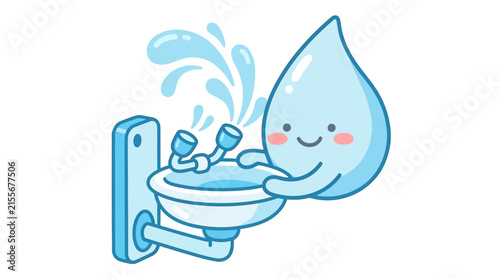 Cute water drop character using an emergency eyewash station