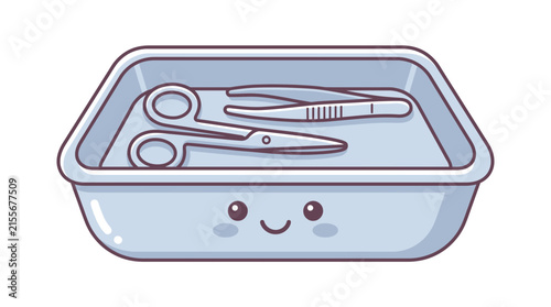 Surgical tray with scissors and tweezers in cute kawaii style