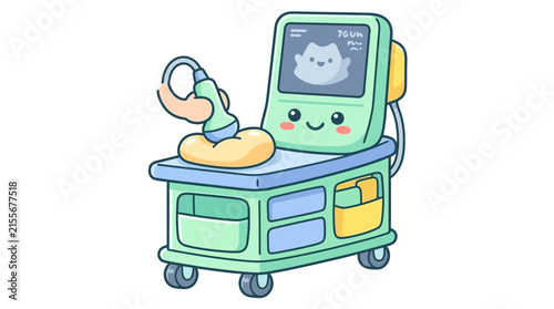 Cute ultrasound machine character performing a scan