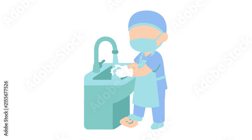 Surgeon in blue scrubs and face mask washing hands at a sink