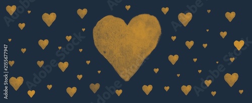 Quadro su tela Golden hand painted hearts on dark blue background, romantic love banner