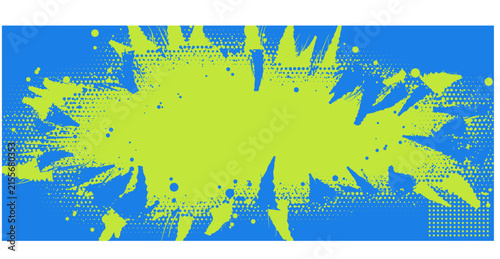 Lime green comic book explosion burst shape with halftone dots on blue background pop art style graphic