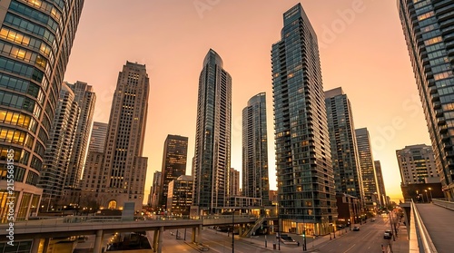 Modern urban skyscrapers at sunset low angle view.