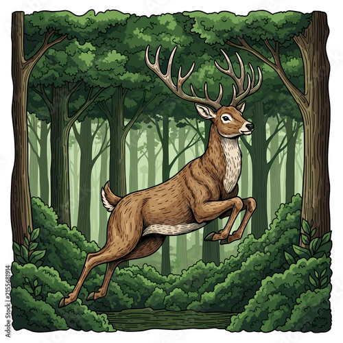 Deer Leaping Through Forest with Antlers and Green Foliage. Vintage Illustration Style with Detailed Line Art and Natural Woodland Setting.